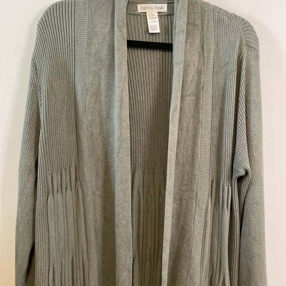 Cactus + Pearl L Sage Green Open Front Cardigan Ribbed Knit Long Sleeve - Picture 5 of 14